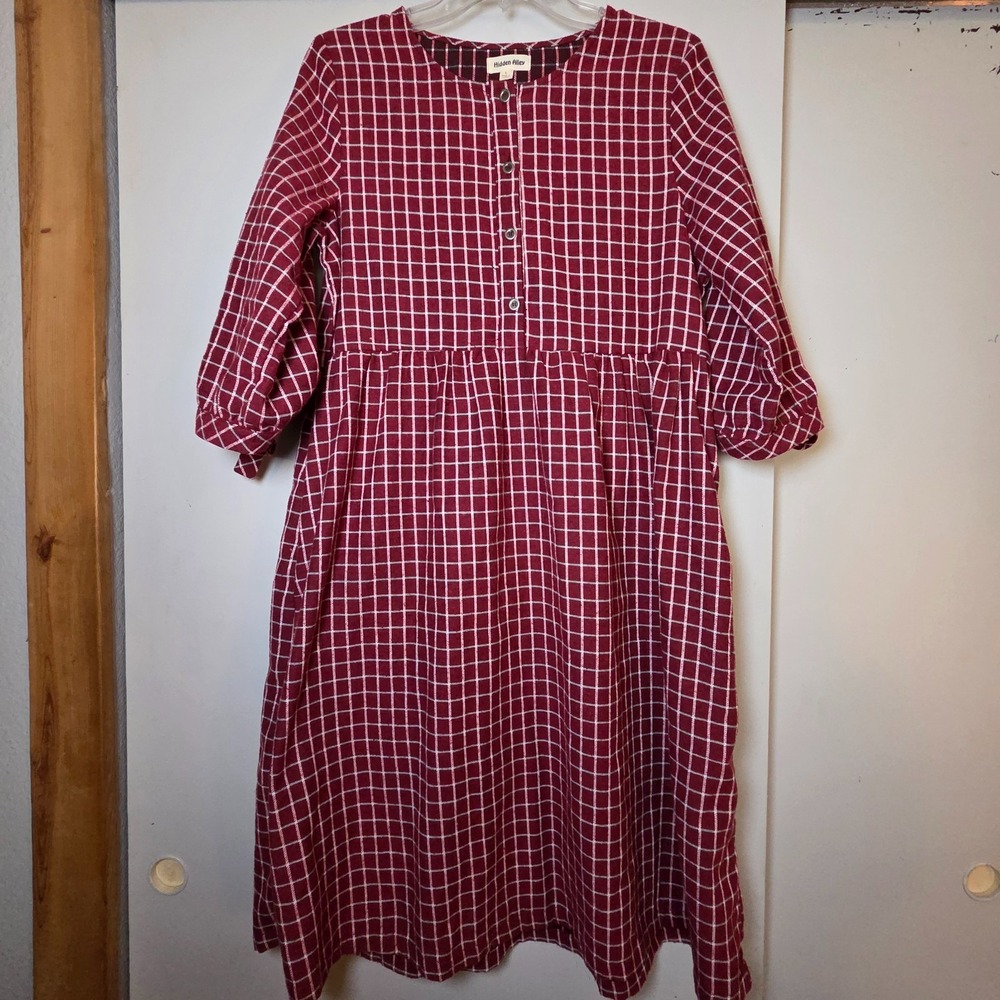 Hidden Alley Women's Cottage Dress Plaid Red Size L Peasant Tweed Academia Boho